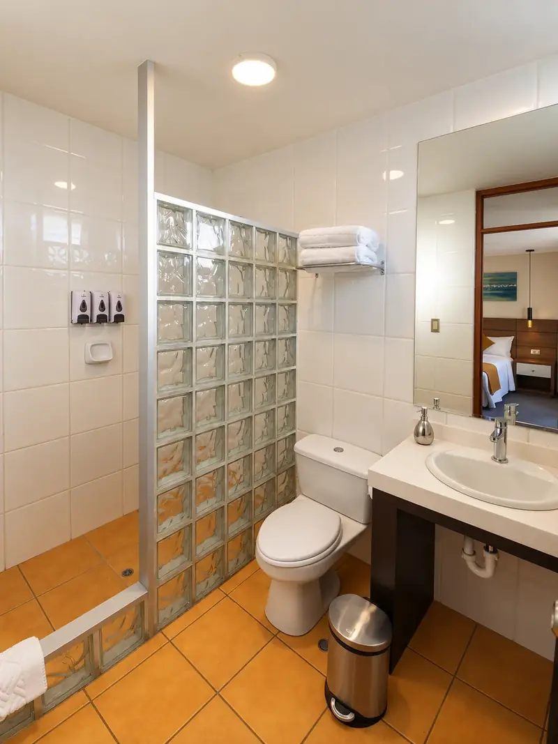 The Double Room’s bathroom with a glass shower