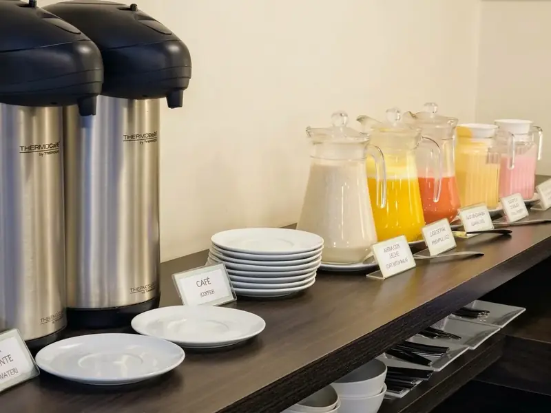 Coffee and juices at the breakfast buffet