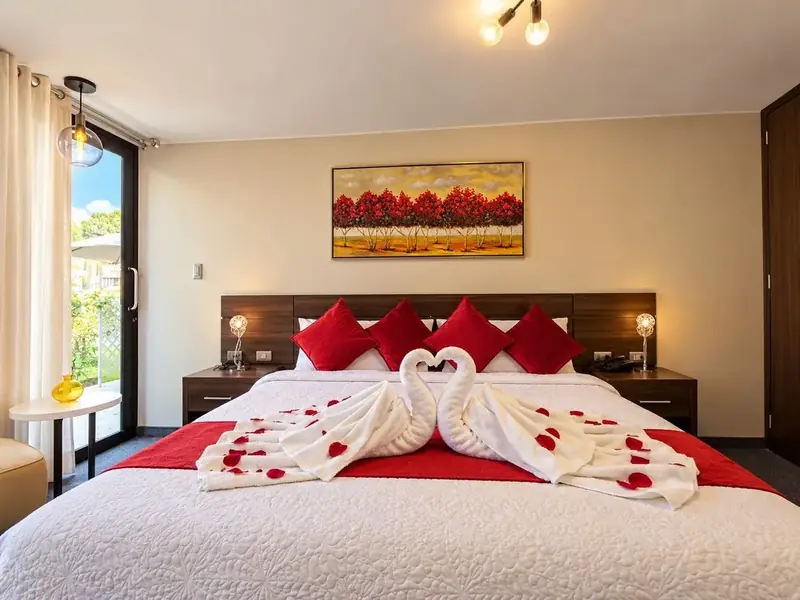 The Suite’s bed dressed for a special occasion